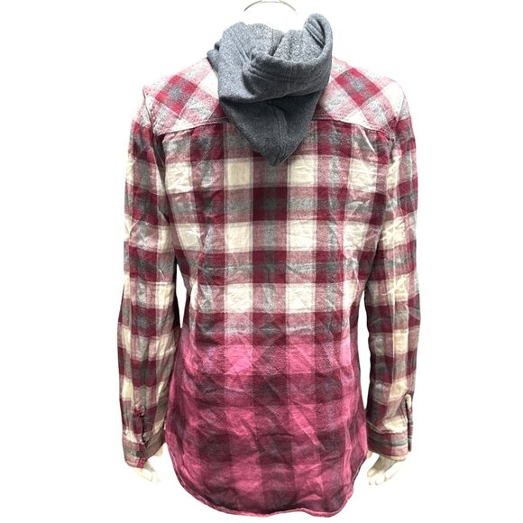 Empyre Hooded Plaid Flannel Shirt Jacket Burgundy Gray Ombre Hoodie Skate Street - Picture 4 of 11